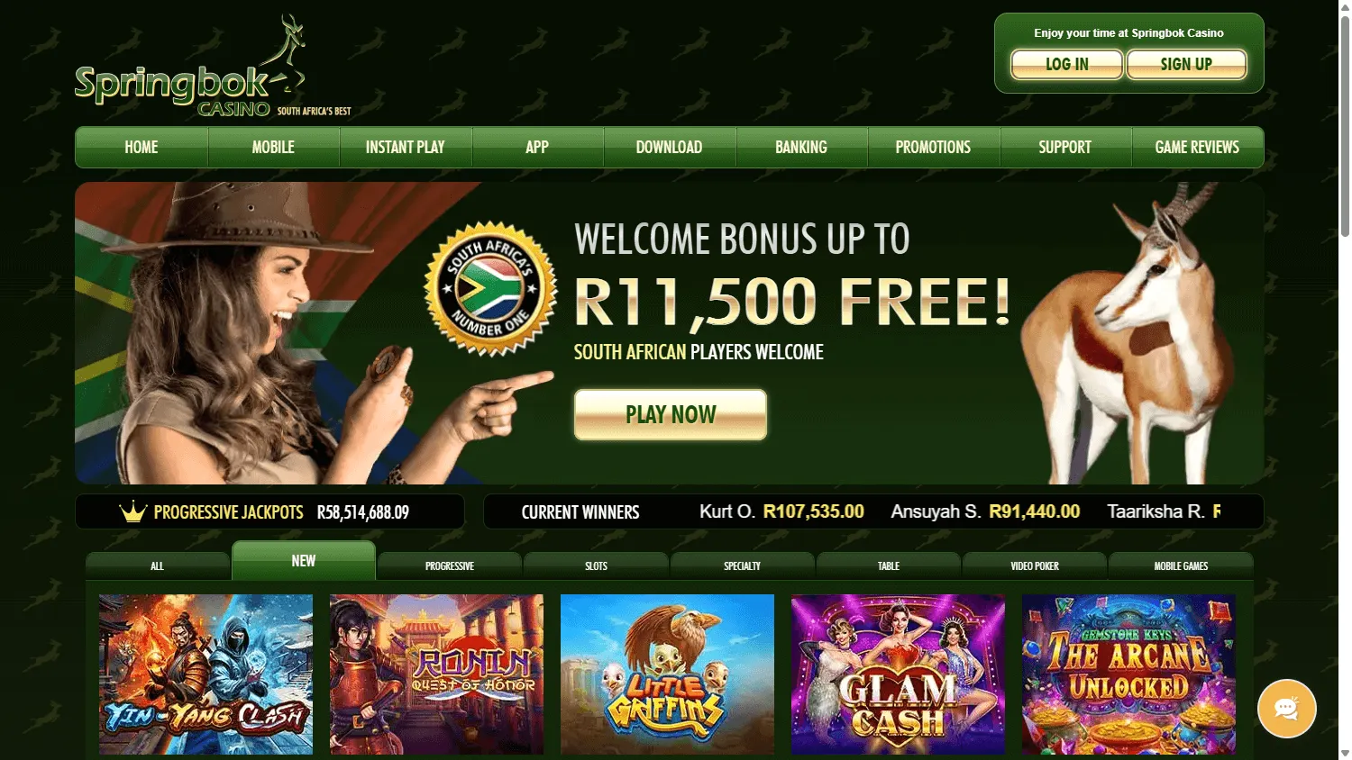 Springbok Casino desktop casino home screen