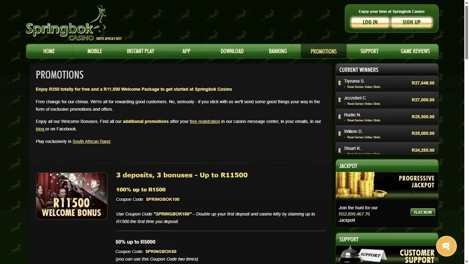 Springbok Casino desktop promotions screen