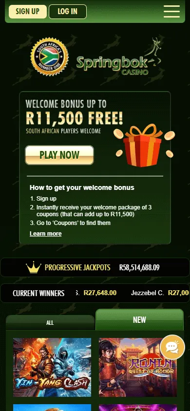 Springbok Casino mobile casino home screen